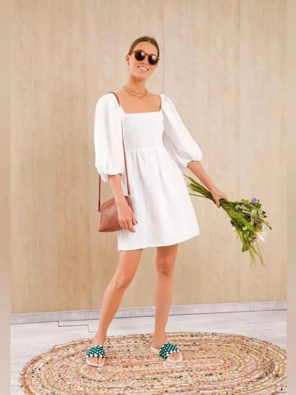 Tuckernuck Annie Mini Dress Sz S Puff Sleeve 100% Linen Smocked Summer Bride